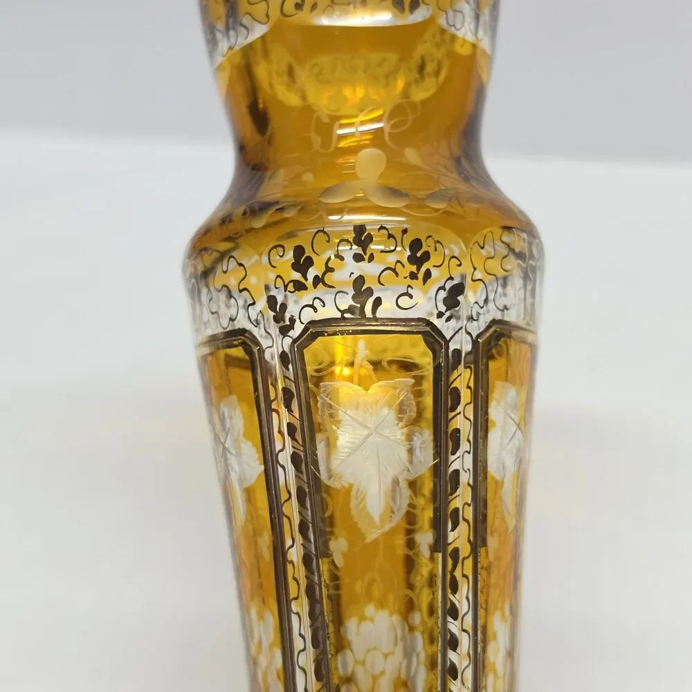 Vintage Old Bohemian Etched Crystal Honey Amber Czech Vase 8”